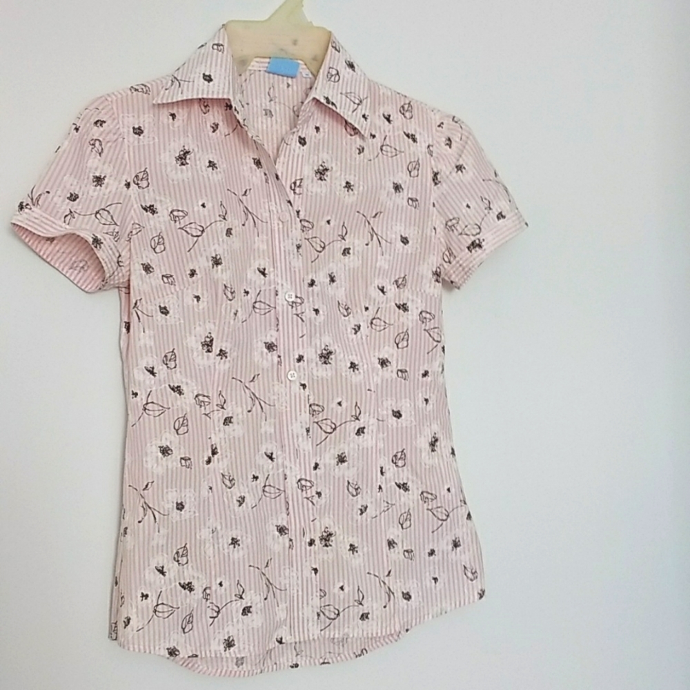 Striped Floral Short Sleeve Blouse Size 8